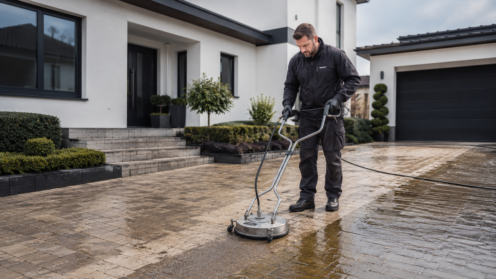 Professionelle Steinreinigung einer Pflasterfläche in Ingolstadt